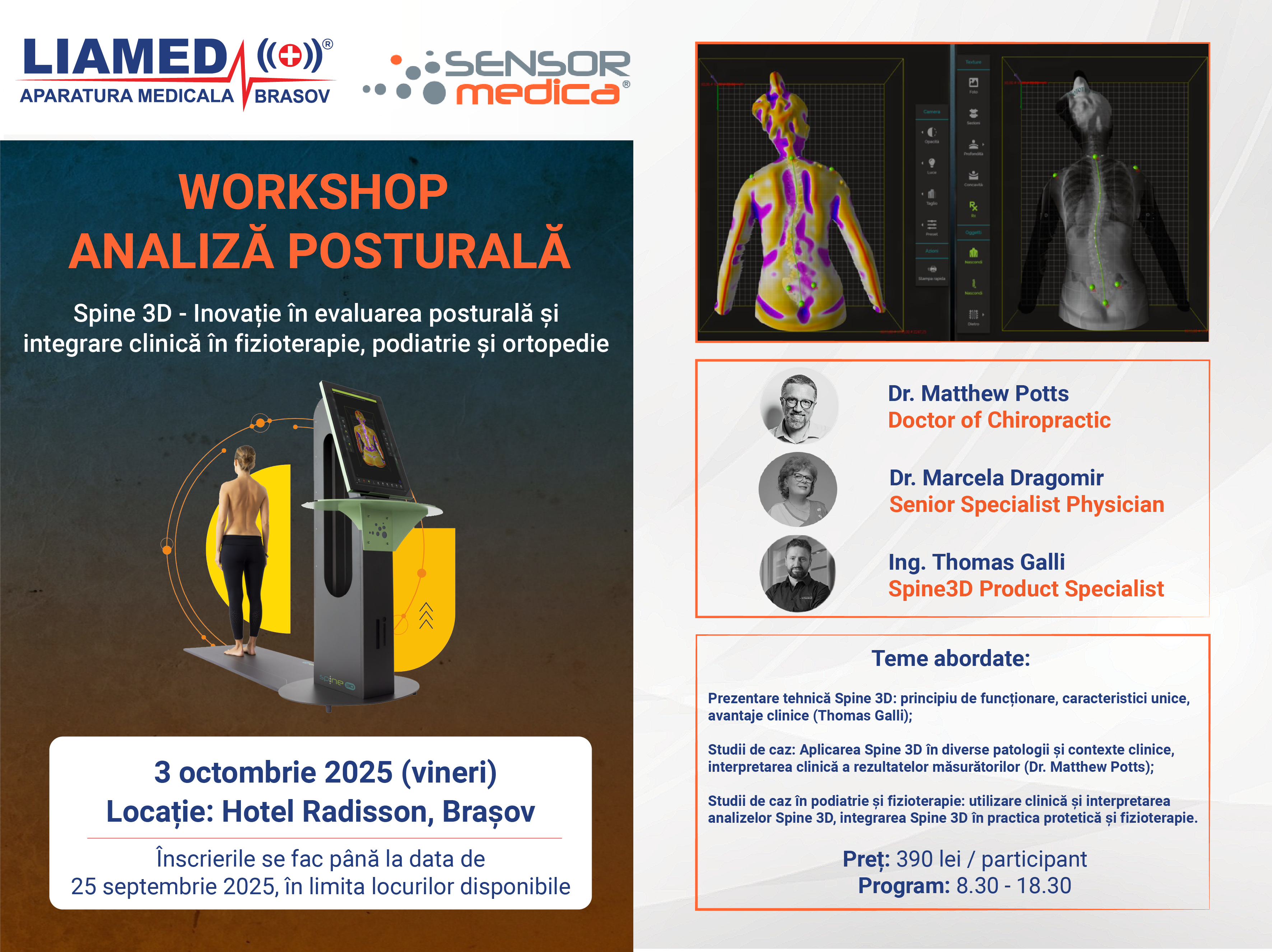 Workshop: Analiza posturala – Spine 3D. Inovatie in evaluarea posturala si integrare clinica in fizioterapie, podiatrie si ortopedie